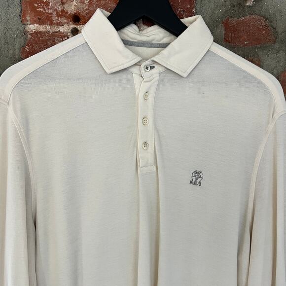 Brunello Cucinelli Men's LS Natural Cream White Polo Shirt M $775 - Picture 1 of 7